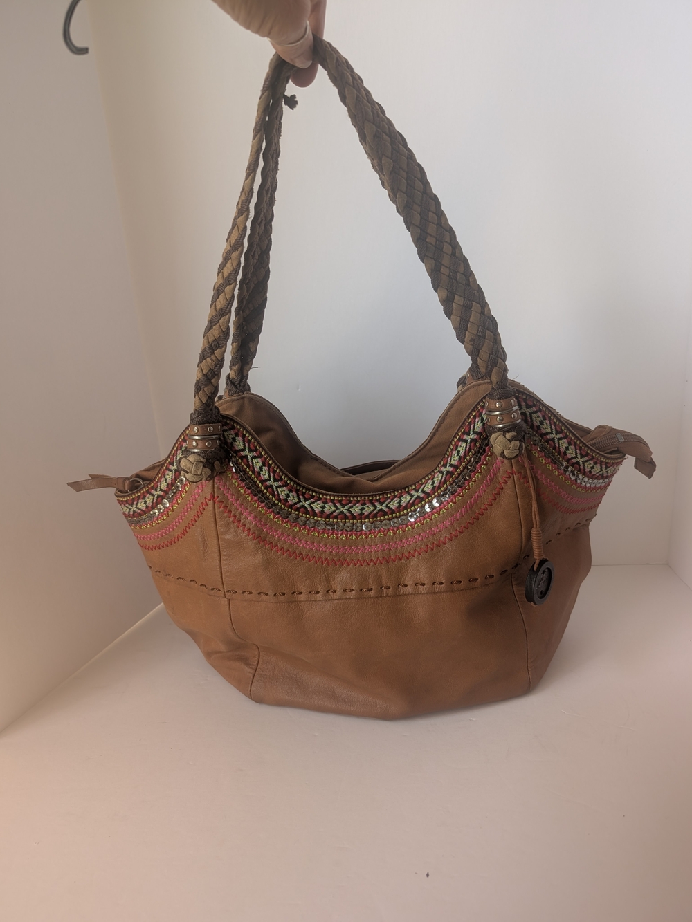 The Sak Tan Leather Embroidered Boho Hobo Bag
